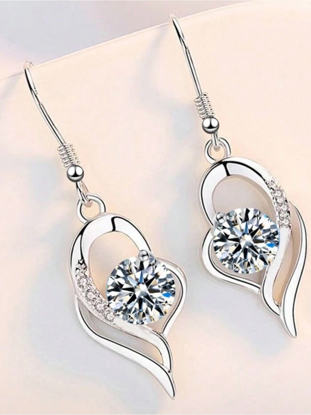 Silver Heart Crystal Drop Earrings